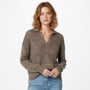 London Kaye Open Knit V-Neck Sweater Womens L Brown Collar Cozy Boho Neutral